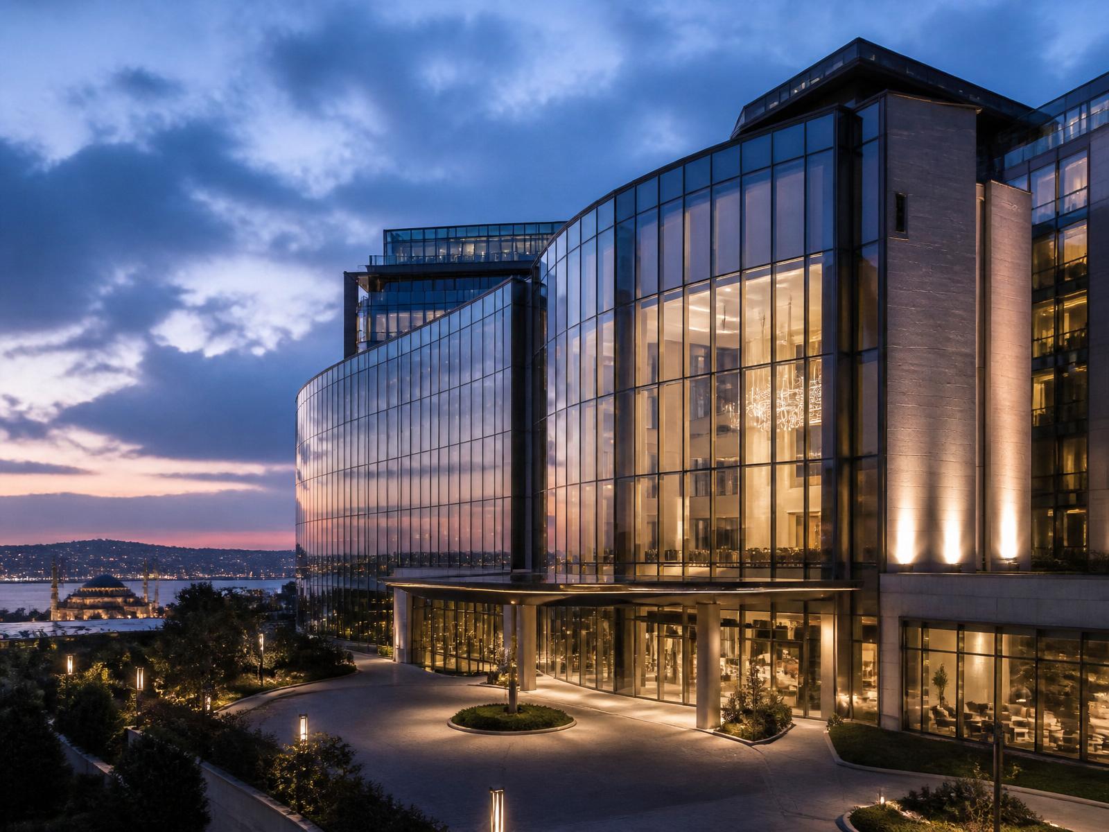 Hilton Istanbul Bomonti Hotel and Conference Center exterior at blue hour